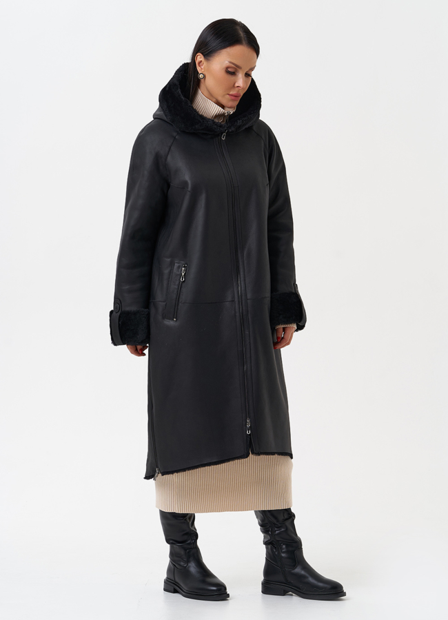 Натуральная дубленка с капюшоном модель № 28956 в рассрочку