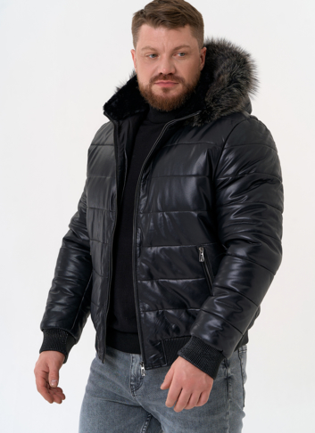 Пуховик из эко кожи черного цвета 