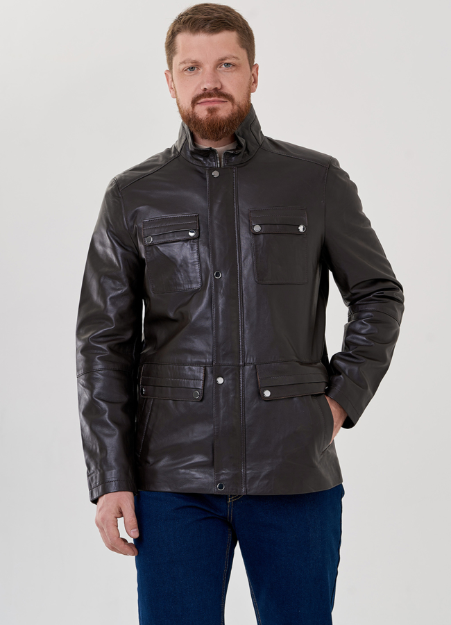 Мужская кожаная куртка  модель № 23412 меха малина