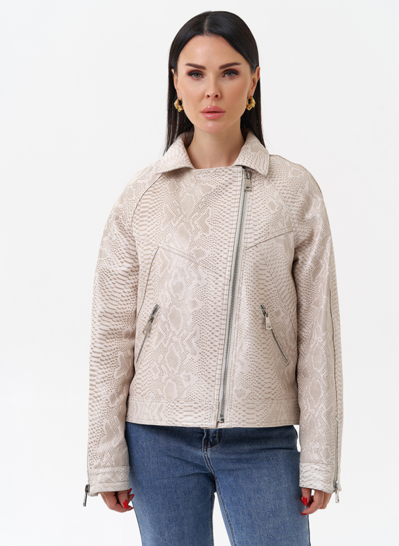 Светлая куртка из натуральной кожи с принтом змея