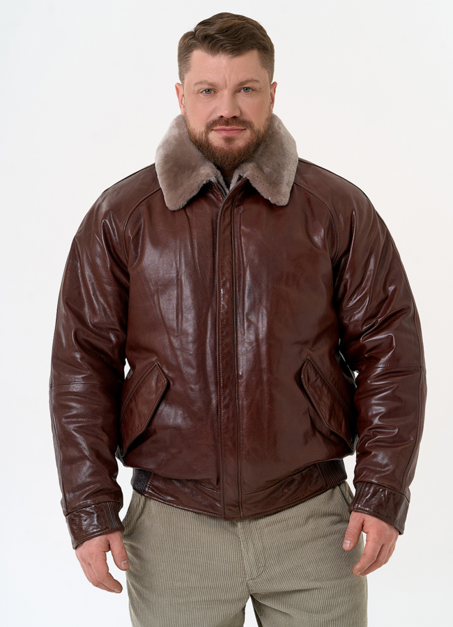 фото Куртка из натуральной кожи коричневого цвета модель № 31421