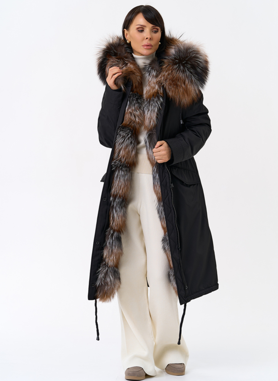 Женская парка с капюшоном из меха чернобурой лисы