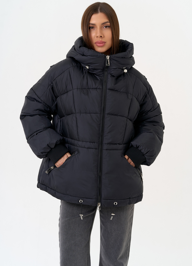 Женский черный пуховик с капюшоном модель № 31582 меха малина