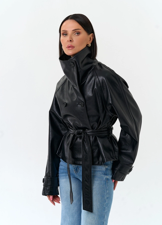 Женская куртка из эко кожи с поясом модель № 33145 универмаг малина