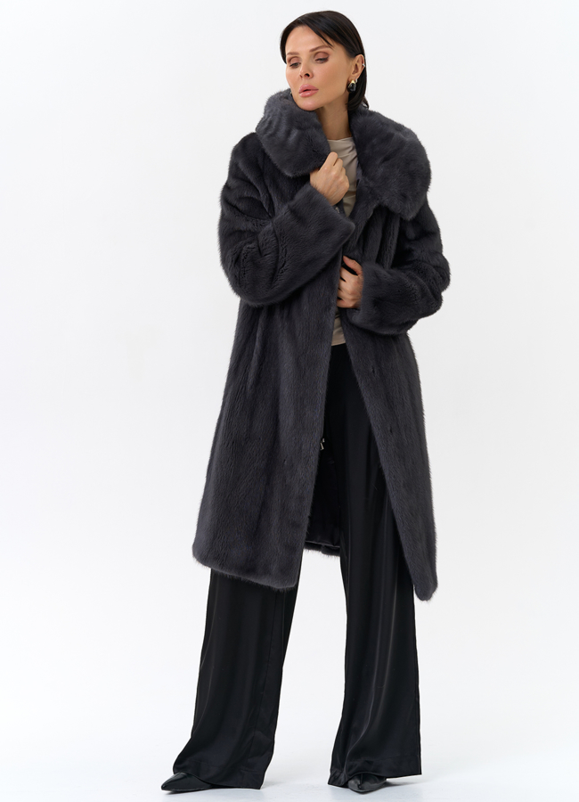 Норковая шуба годе/балетка в роспуск с капюшоном цвета графит модель № 27646 универмаг малина