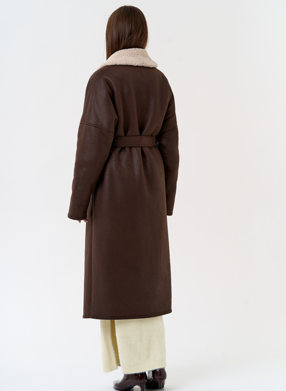 Женская двухсторонняя дубленка из эко замши с воротником шаль