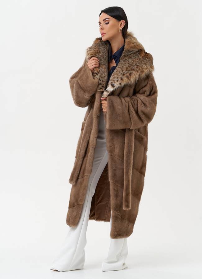 Женская шуба из меха норки с капюшоном из меха рыси модель № 31162 универмаг малина