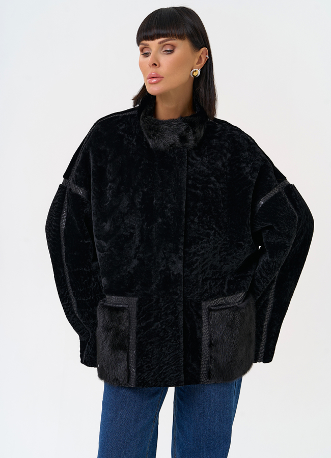 фото Женская двухсторонняя дубленка с воротником стойкой модель № 31480