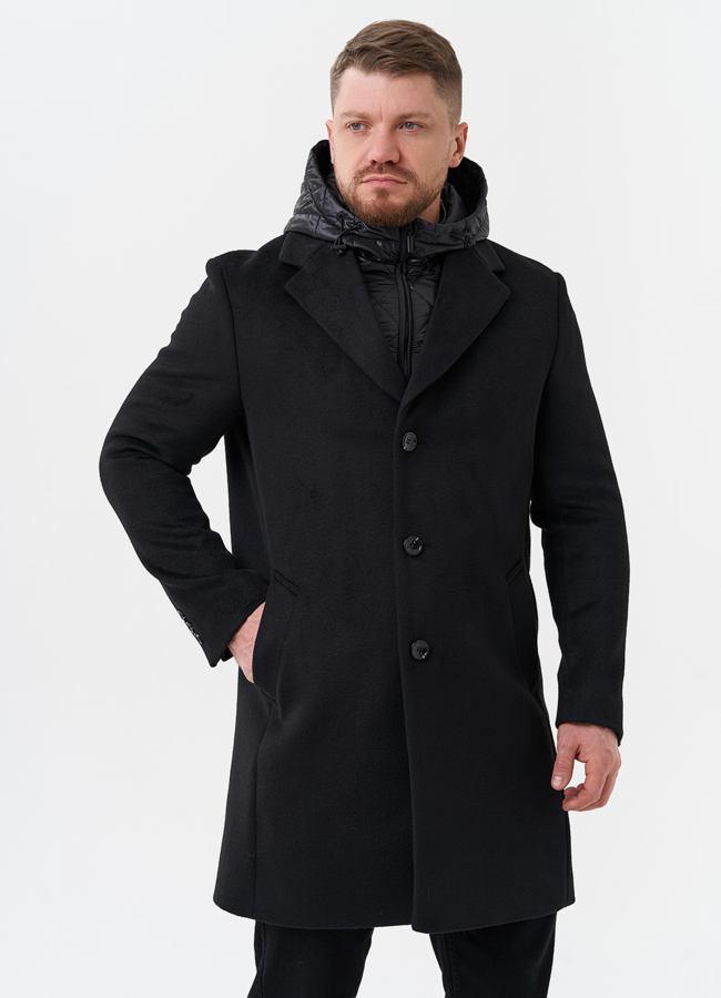 Мужское пальто черного цвета модель № 28676 меха малина