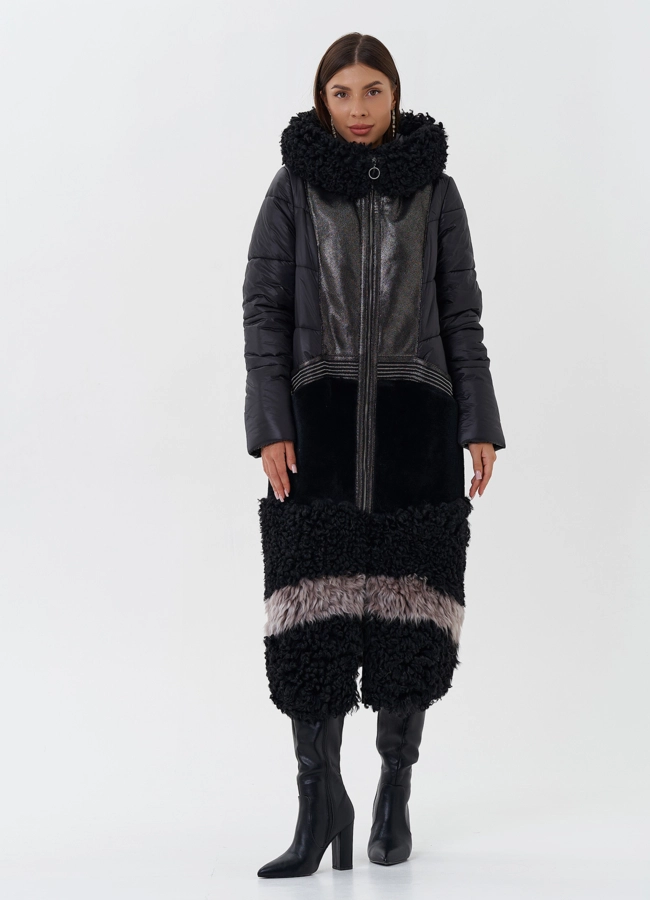 Комбинированный пуховик с капюшоном модель № 26913 меха малина