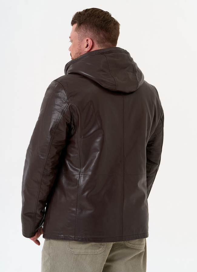 Мужская дубленка коричневого цвета с капюшоном модель № 31777 универмаг малина