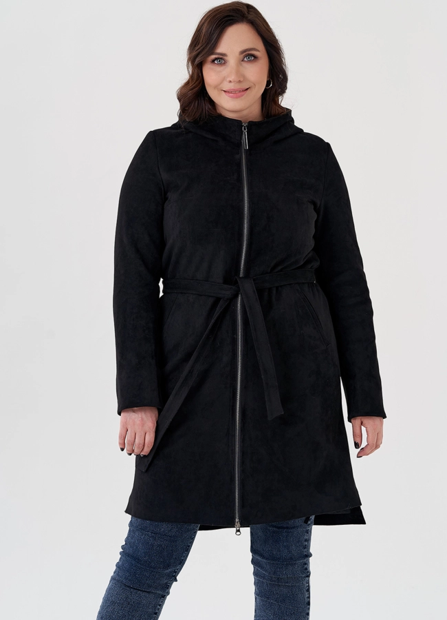 Полупальто из эко замши на утеплителе с капюшоном модель № 80236 меха малина