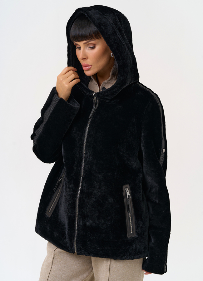 фото Женская двухсторонняя дубленка с капюшоном модель № 31482