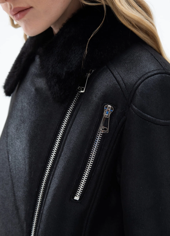 Женская дубленка из эко кожи с отделкой из эко меха модель № 32025 универмаг малина