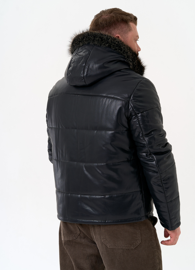 Пуховик из эко кожи с капюшоном из меха енота модель № 31720 универмаг малина