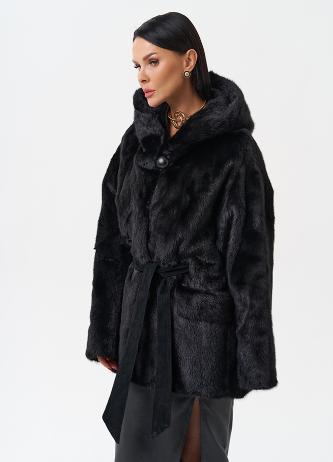 Женская норковая шуба с капюшоном  модель № 29104 универмаг малина