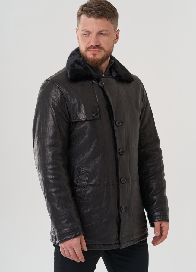 Мужская куртка из натуральной кожи черного цвета  модель № 82304 универмаг малина