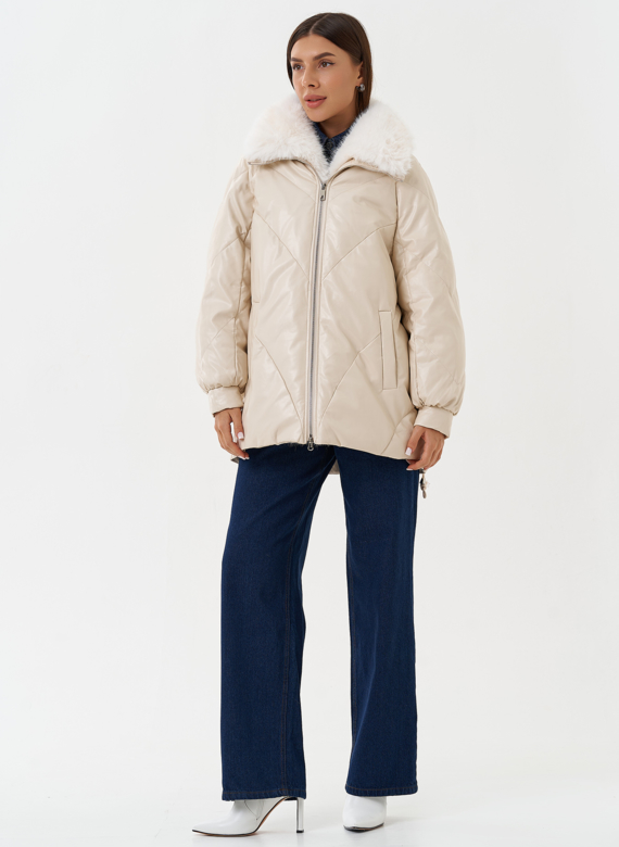 Пуховик из эко кожи с воротником из эко меха