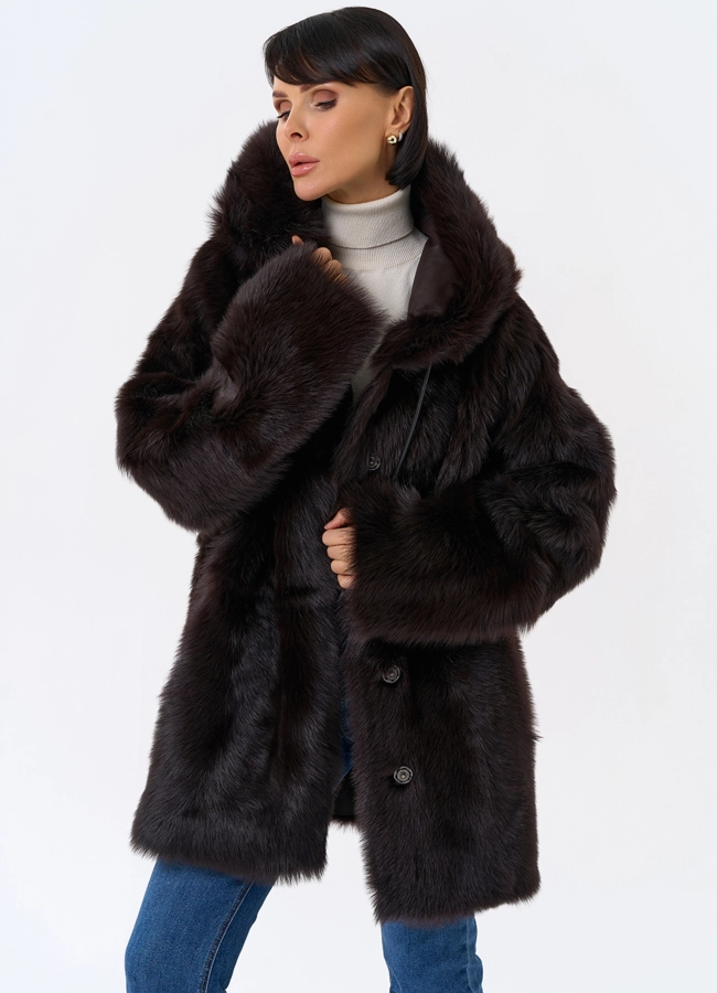 Женская двухсторонняя дубленка с капюшоном модель № 31851 универмаг малина