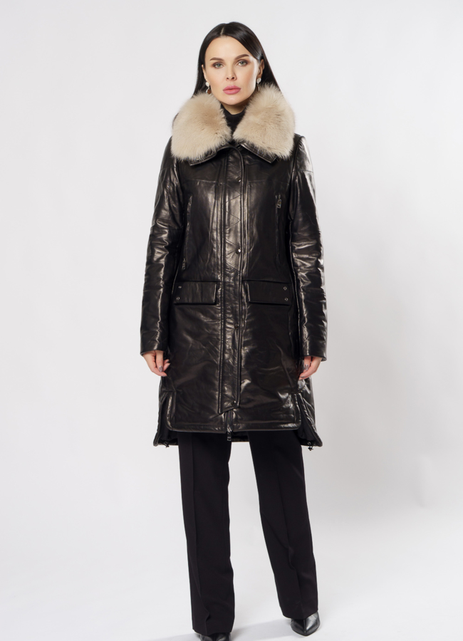 фото Пуховик из натуральной кожи на молнии черного цвета модель № 917
