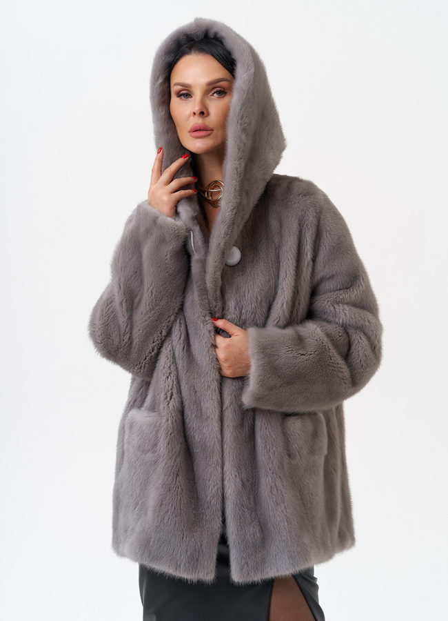 Женская норковая шуба с капюшоном  модель № 28786 универмаг малина