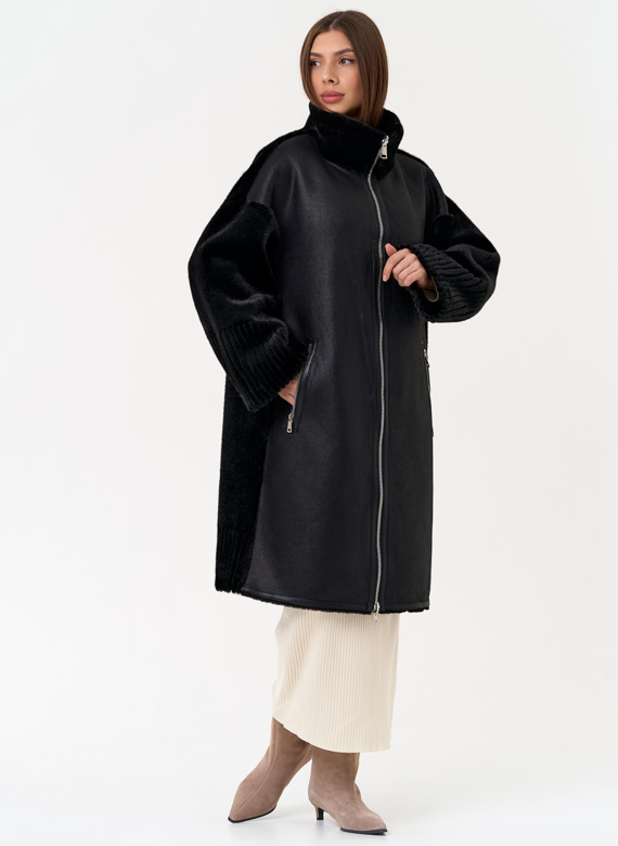 Женская двухсторонняя дубленка из эко замши с воротником стойкой