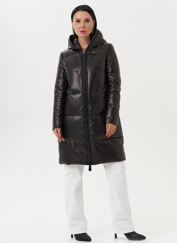 Кожаный пуховик с капюшоном