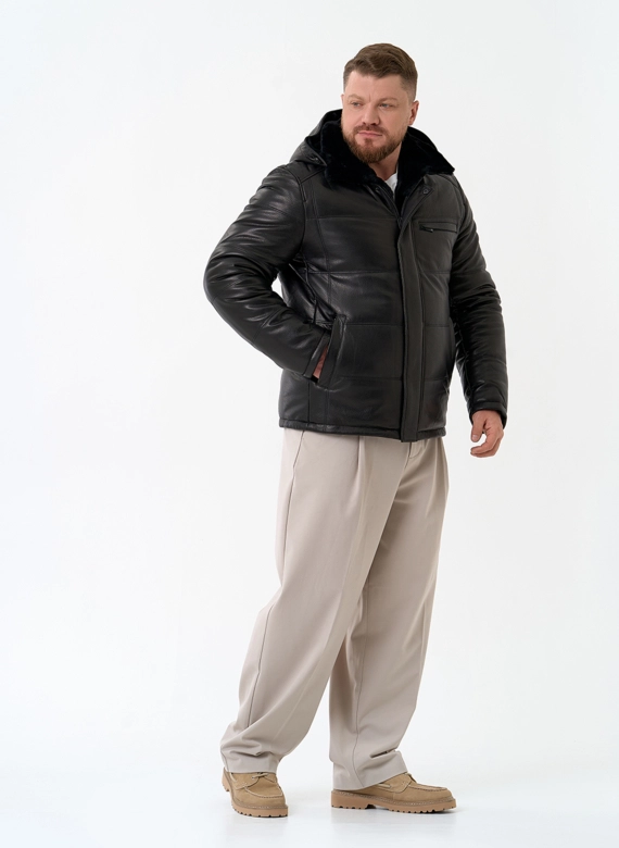 Мужской пуховик из натуральной кожи с капюшоном